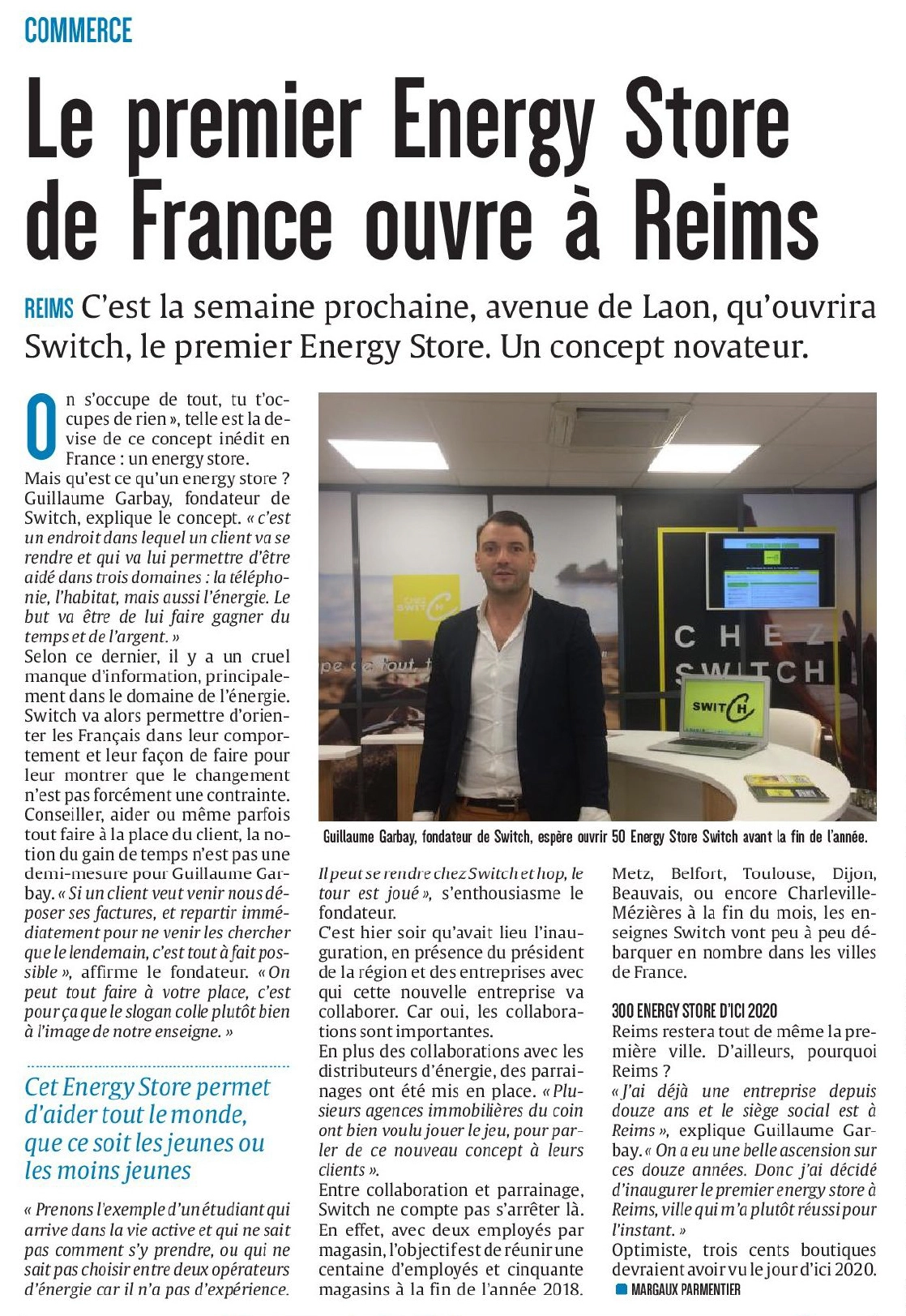 Article de L'Union sur l'ouverture du premier Energy Store de Switch à Reims